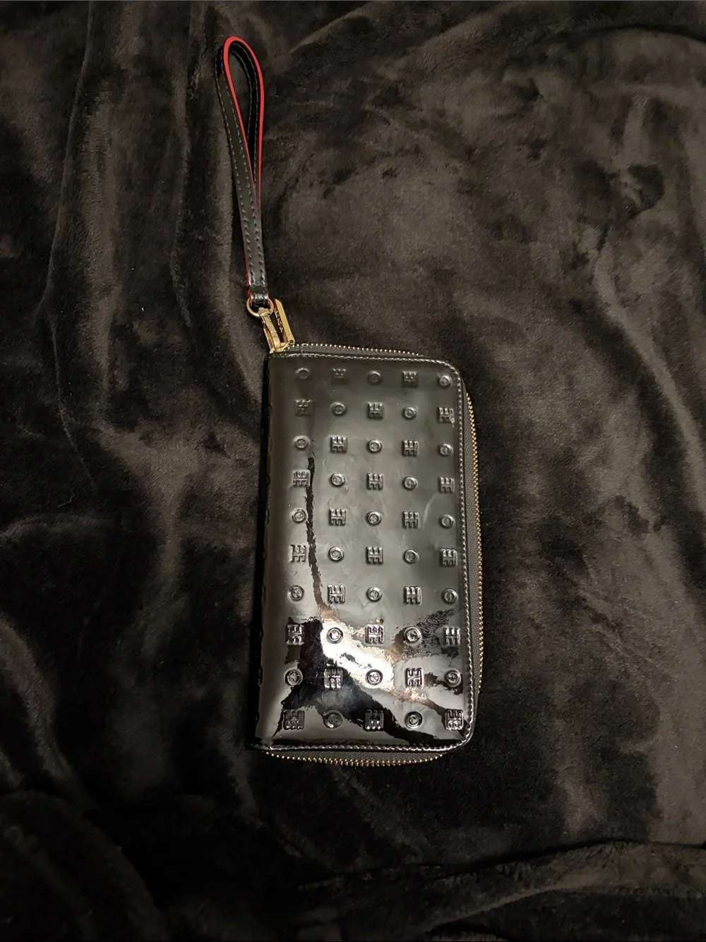 Arcadia Black Patent Zip-Around Phone Wristlet with Red Strap